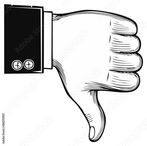Man's hand in suit sleeve giving thumbs down gesture with negative disapproval or rejection