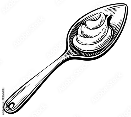 Spoonful of Creamy Sauce or Spread Hand Drawn Engraving Style Illustration Black and White