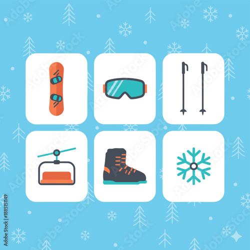 Winter Sports and Ski Resort Equipment Icons including Snowboard Goggles Ski Poles Chairlift Snow Boots and Snowflake Symbol for Mountain Vacation and Winter Activity