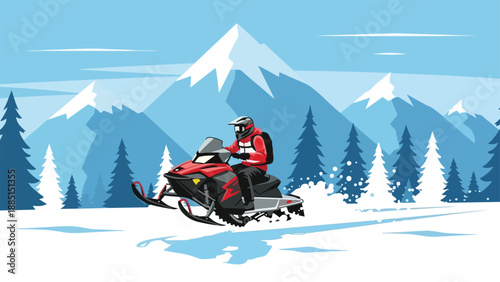 Red and black snowmobile rider in helmet speeds through snowy blue mountain winter landscape
