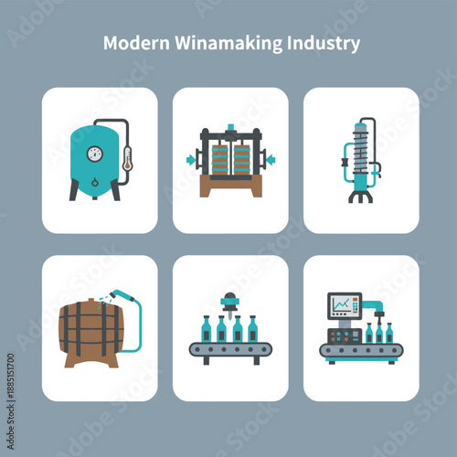 Modern Winemaking Industry and Distillery Equipment Icons showing Fermentation Tank Pressing Machine Distillation Column Wine Barrel Bottling Line and Quality Control Monitor
