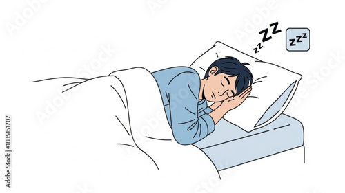 Young man sleeping peacefully in bed with Zzz symbols.