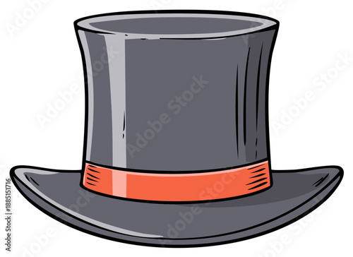 Stylish black top hat with vibrant orange band detailed cartoon illustration