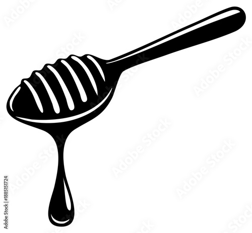 Black and white icon of a traditional honey dipper with a dripping drop