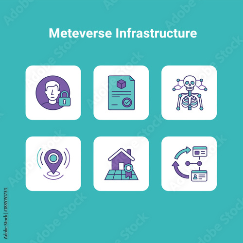 Metaverse Infrastructure and Virtual Asset Icons featuring Digital Identity Avatar NFT Minting Skeleton Rigging Virtual Real Estate and Blockchain Transaction History