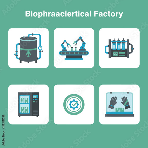 Biopharmaceutical Factory and Medical Manufacturing Icons including Chemical Reactor Robotic Assembly Line Filtration System Medical Cabinet Quality Seal and Glove Box