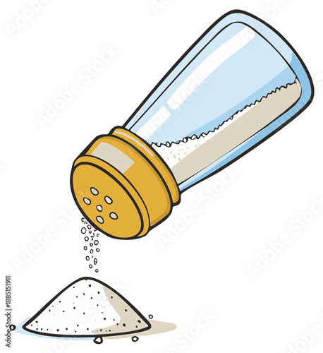 Cartoon illustration of a glass salt shaker pouring a pile of white salt