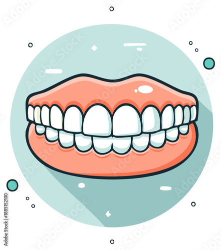 Cartoon illustration of a full set of false teeth, dental health, dentures, dentistry and oral hygiene, tooth loss concept, health and medicine, complete prosthetic tooth.