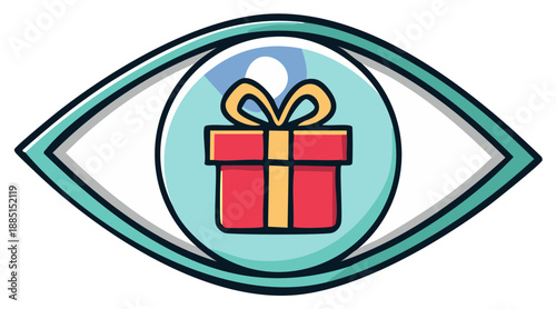 Stylized eye focused on a red gift box with yellow ribbon illustration