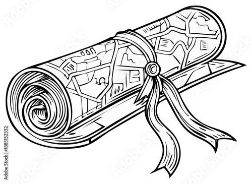 Ancient Scroll Map Tied With Ribbon and Wax Seal Illustration