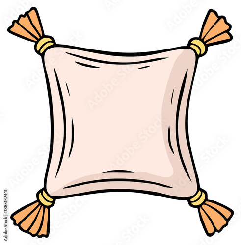 Soft Peach Pillow with Orange Tassels and Yellow Ties, Cartoon Style