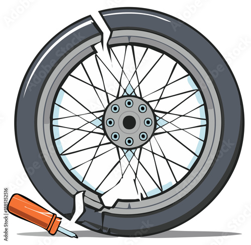 Illustration of a broken wheel with a screwdriver nearby suggesting repair or damage