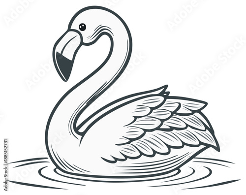 Flamingo Floating Line Art Illustration Graceful Bird Drawing of Aquatic Bird in Water