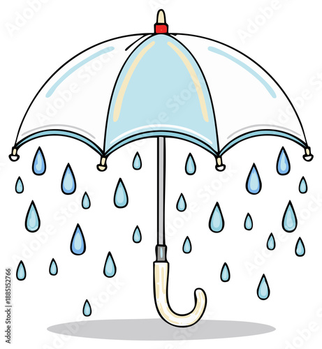 Cartoon umbrella with rain drops illustration. Hand drawn drawing of weather