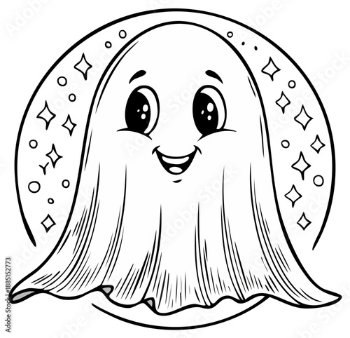 Whimsical cartoon ghost with stars in a circle, ideal for Halloween and kids' designs