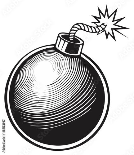 Black and white cartoon illustration of a lit bomb with burning fuse and explosion.