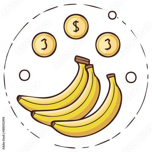 Bunch of Ripe Bananas with Coins Illustrating Cost or Savings