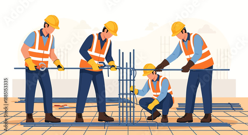 Construction workers building reinforced concrete structure together.