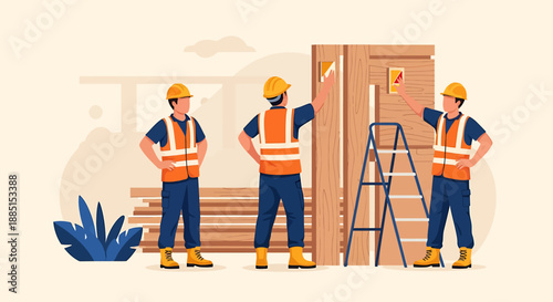 Construction workers in hard hats and safety vests collaborating on site.