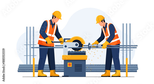Construction workers operating a metal cutting saw machine.