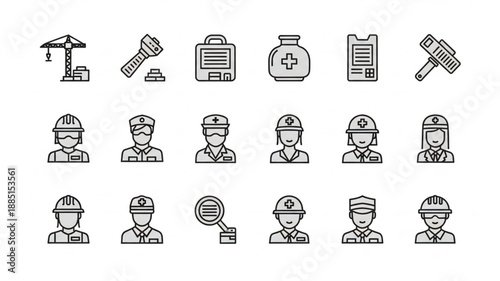 Collection of profession icons and tools for industry and construction.