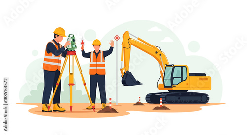 Construction workers using surveying equipment with excavator on site.
