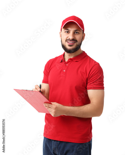 Young male cashier with cli...