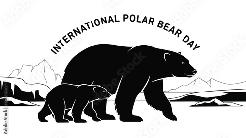 Black silhouettes of a polar bear and cub in an Arctic landscape for awareness