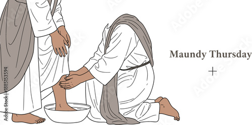 Maundy Thursday washing of the feet vector illustration with Jesus and disciple, Christian holy week religious celebration design element isolated on white background.