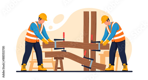 Two construction workers collaborating on a wooden structure.