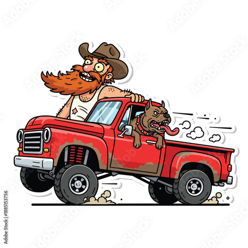 A bearded man and a dog in a red pickup truck speeding