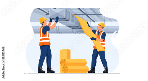 Two construction workers installing an air conditioning unit.