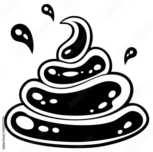 Stylized black and white cartoon poop pile with splatters cartoonish vector illustration