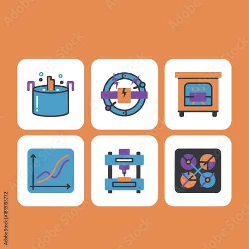 Industrial chemical processing and laboratory automation icons featuring heating vat, electrical plasma reactor, kiln furnace, data plot graph, CNC milling machine and mechanical component analysis