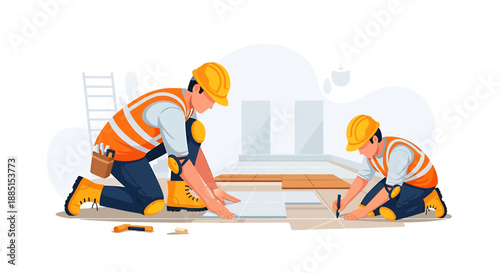 Two construction workers installing flooring together on a job site.