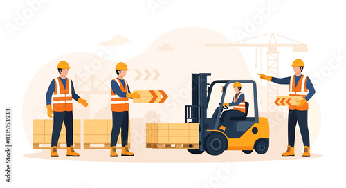 Warehouse workers operating forklift and moving cargo safely.