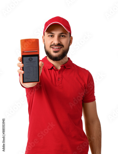 Young male cashier with pay...