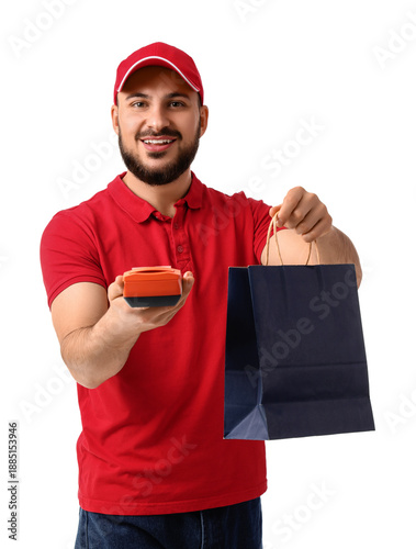 Young male cashier with pay...