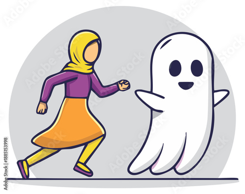 Young Muslim Woman in Hijab Running from a Playful Cartoon Ghost