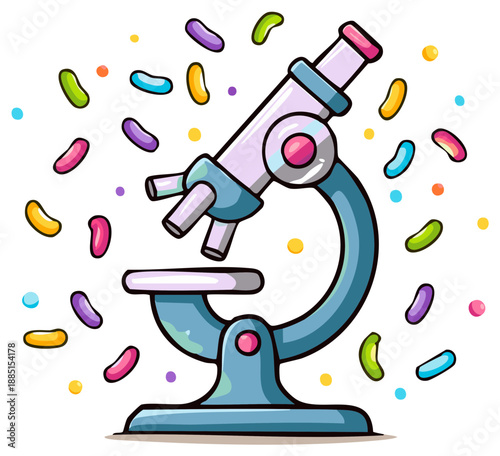 Cute cartoon microscope surrounded by colorful floating germs and bacteria for science education