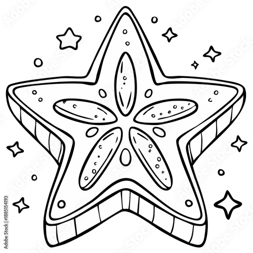 Monochrome star fruit illustration with sparkles for coloring book pages or educational materials