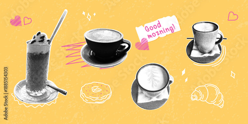 Morning coffee and a breakfast-themed doodle. Trendy halftone collage. Monochrome elements. Collage of coffee cups and doodle elements.