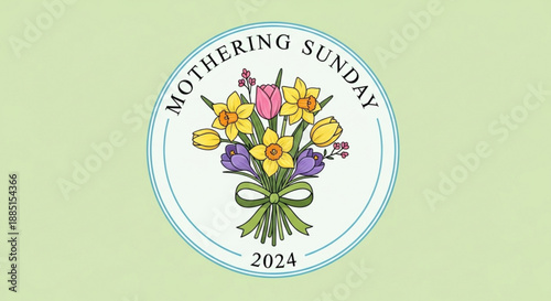 Colorful bouquet flowers mothering sunday 2024 celebration logo with green background