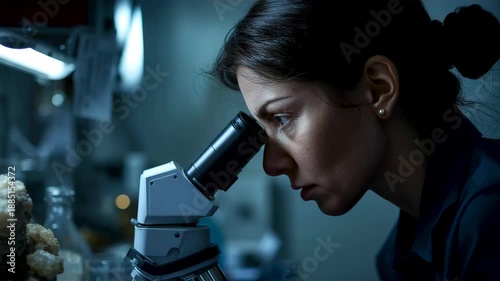 Female scientist looking through microscope while working in laboratory environment