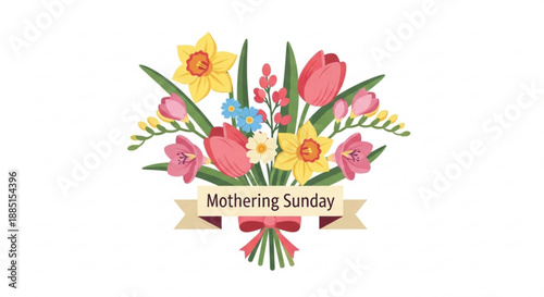 Colorful bouquet flowers for mothering sunday celebration with ribbon and text