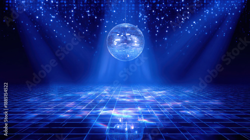 Vibrant blue disco background features shimmering disco ball reflecting light across dance floor, creating energetic and festive atmosphere