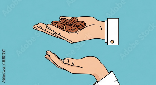 Hands holding and offering walnuts on a blue background illustrating healthy snacking and generosity
