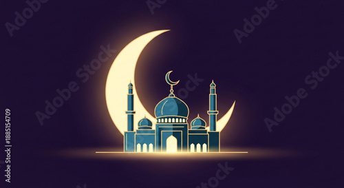 Glowing mosque silhouette with crescent moon at night ramadan background with islamic architecture