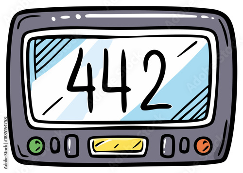 Hand-Drawn Monitor Cartoon Showing Numbers 442 on Screen, Digital Display Illustration