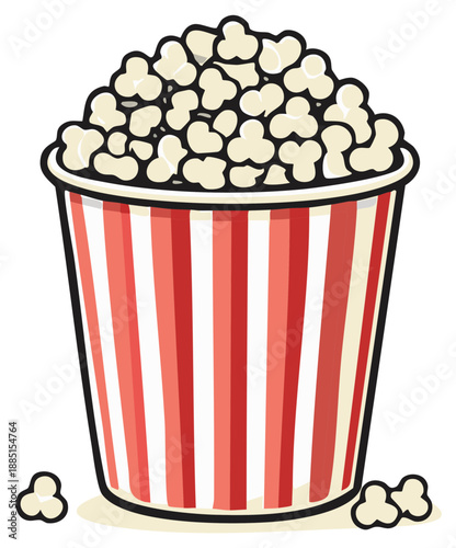 Classic Red and White Striped Popcorn Bucket Filled with Fluffy Popcorn